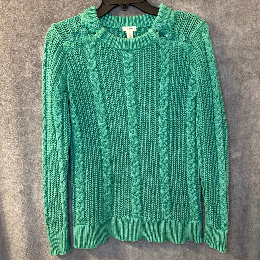 LL Bean Womens Cable Knit Fishing Sweater Crewneck Teal Green Cotton Button